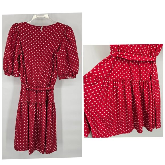 Vint 80s Liz Claiborne Midi Circle Dress 8 Red Polka Dot Full Skirt Puff Sleeve - Picture 6 of 9